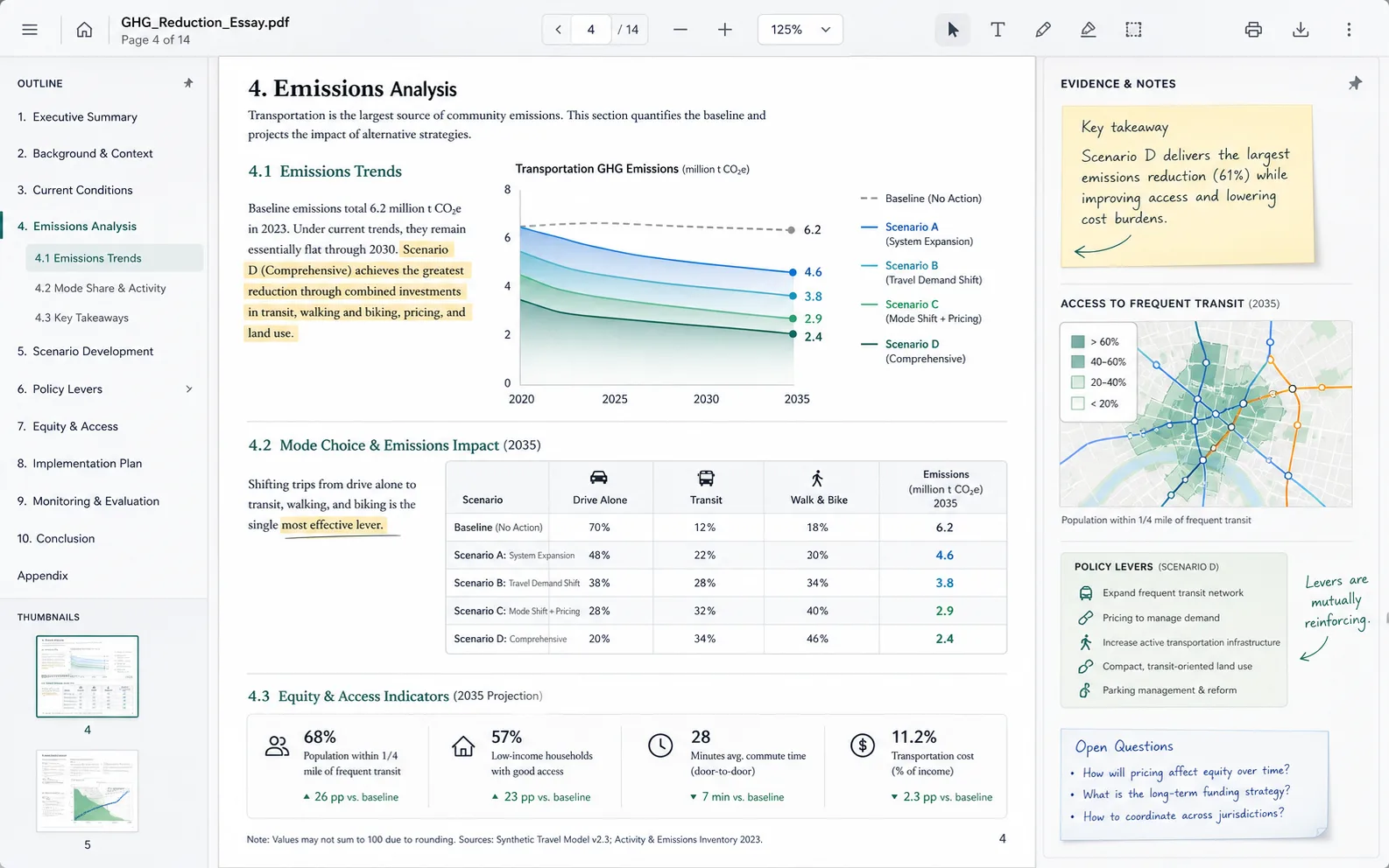 Policy PDF page with emissions chart, mode choice table, access map thumbnail, and highlighted planning notes.