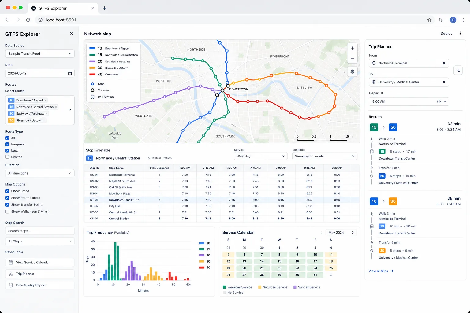 Streamlit-style transit explorer with route map, stop search, timetable table, and frequency chart.