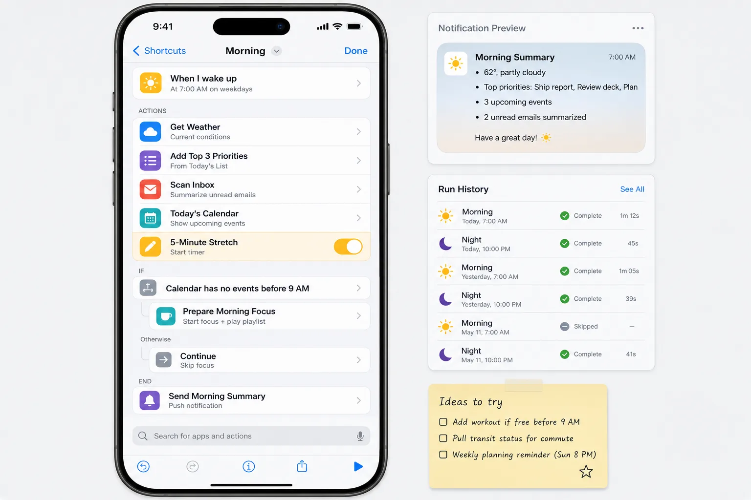 Mobile automation flow with trigger cards, action blocks, notification preview, and run history panel.