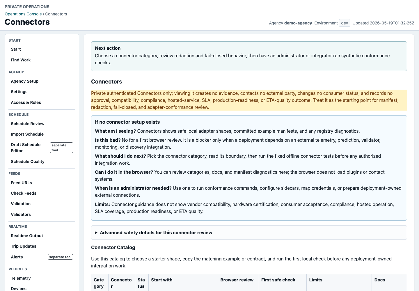 Connectors page with safe integration categories