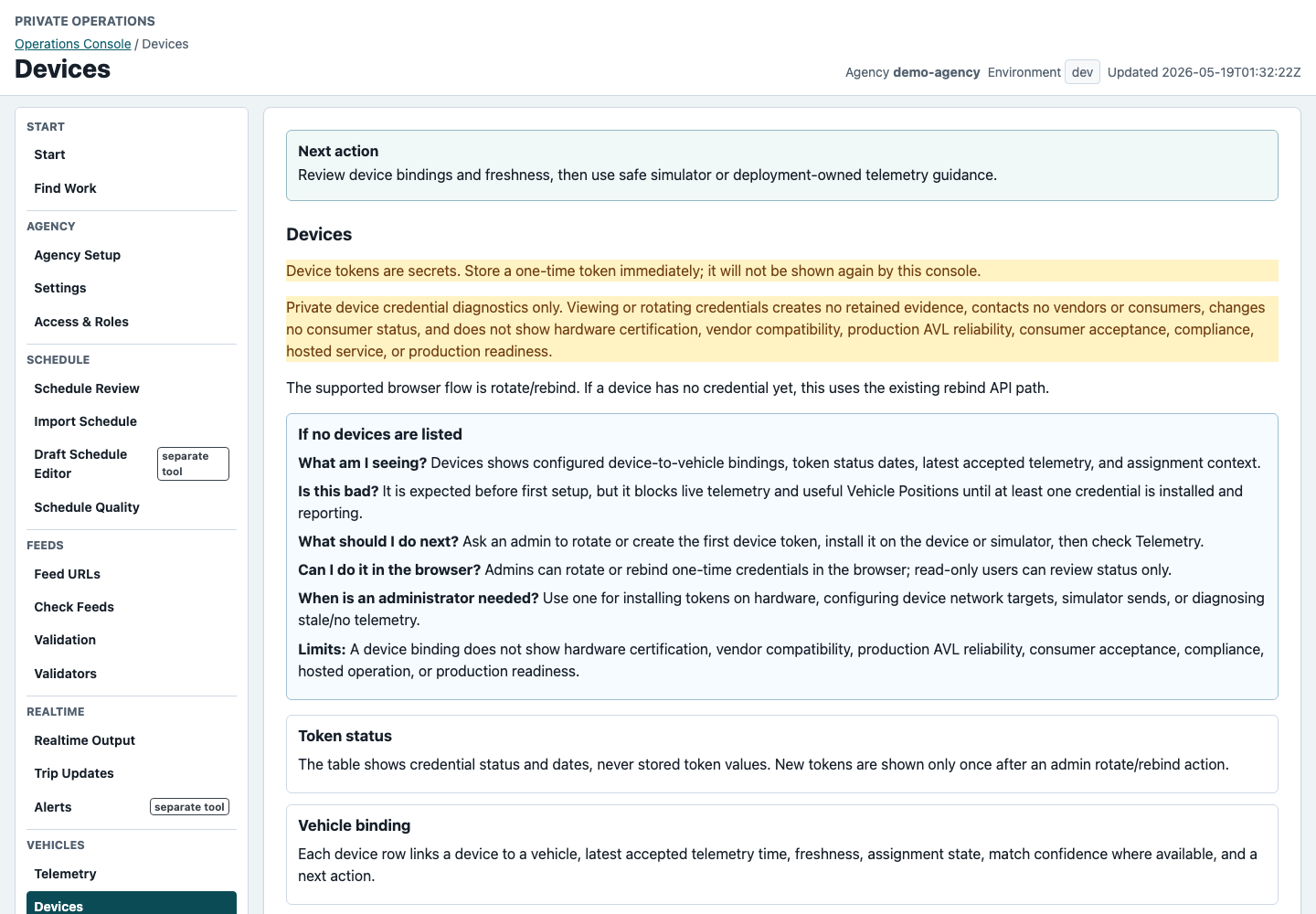 Devices page showing token-safe vehicle data setup