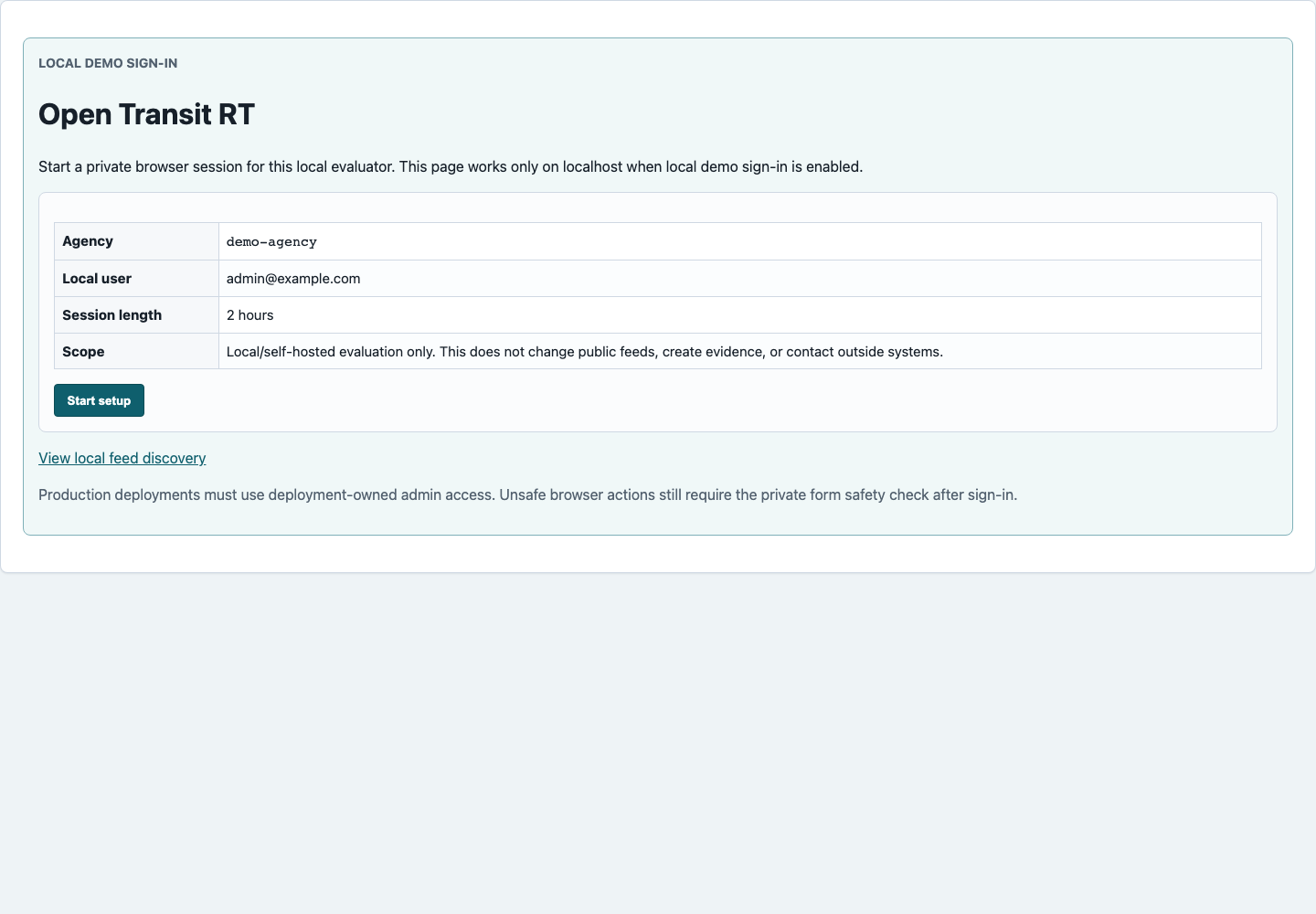 Local sign-in page with Start setup button