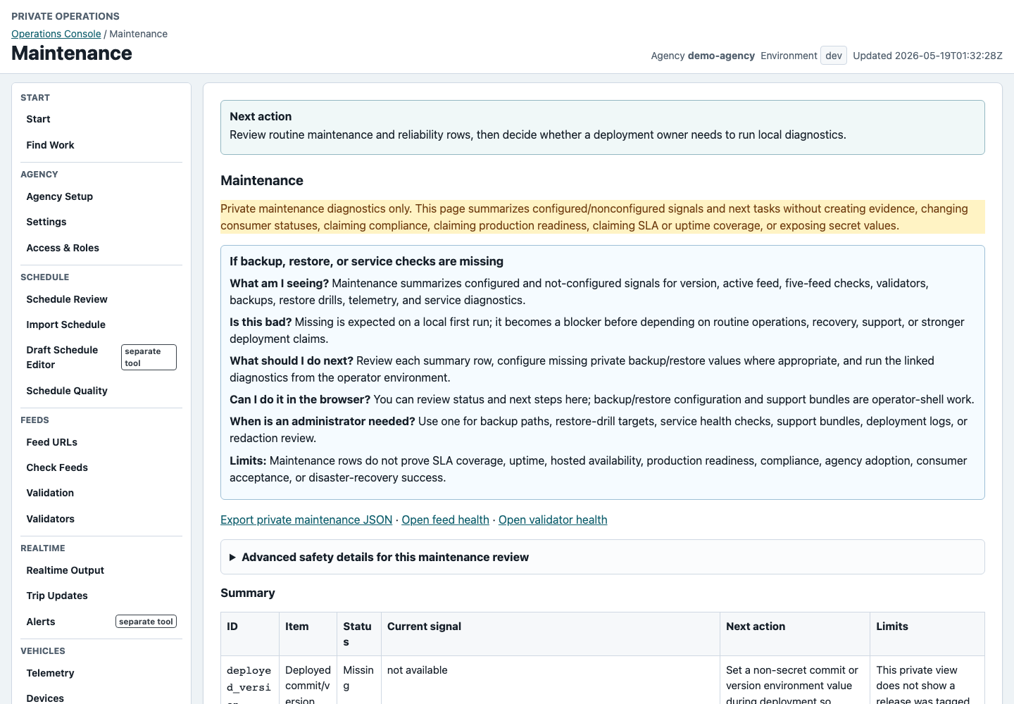 Maintenance page with routine operation tasks
