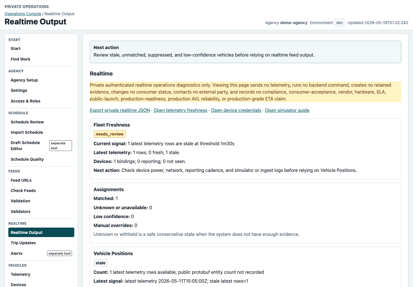 Realtime page with telemetry and feed status
