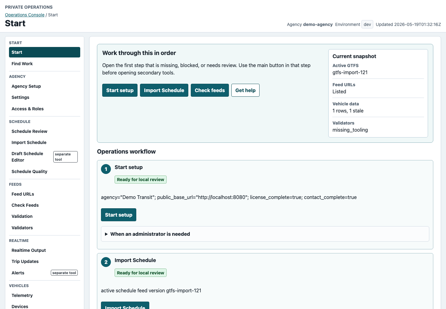 Operations Console Start page with ordered workflow